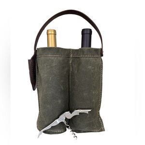 Orox Leather Co. Waxed Canvas Double Bottle Wine Caddy with Wine Key Olive Green